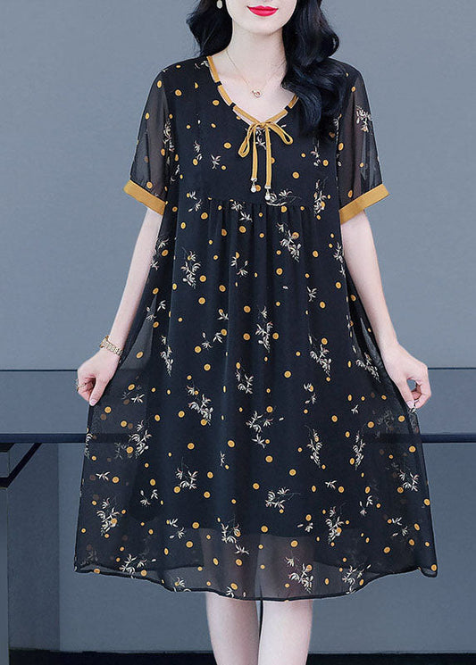 Black Lace Up Wrinkled Patchwork Print Chiffon Party Dress Short Sleeve