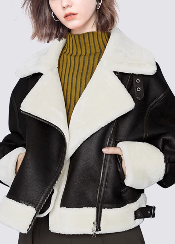 Black Peter Pan Collar Pockets Warm Fleece Pu Coats Winter