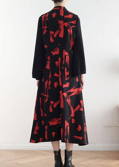 Classy Mulberry Print Peter Pan Collar Button Waistcoat Long Dress Fall Cotton Dress