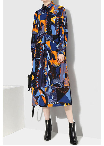 Italian Blue Button Tie Waist Peter Pan Collar Print Shirt Dresses Spring