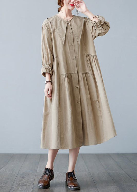 Apricot Sailor Collar Button Wrinkled Long Dress Long Sleeve