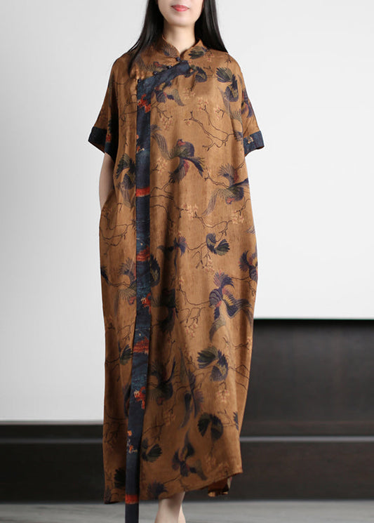 Yellow Mandarin Collar Print Silk Cheongsam Dress Short Sleeve