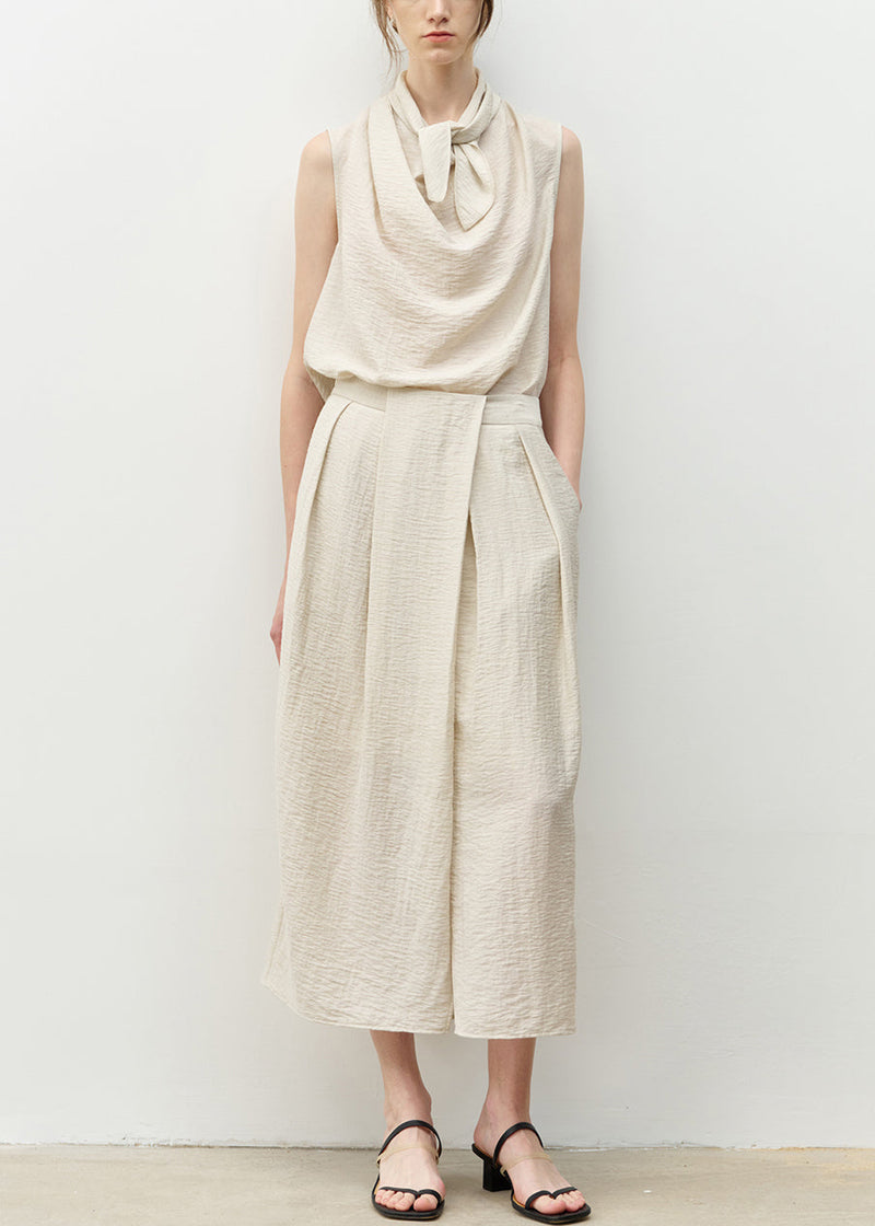 Blue Bow Asymmetrical Linen Top and Skirts Two Piece Set Sleeveless