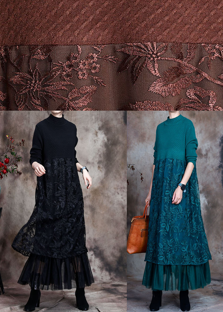 Blue Slim Fit Lace Patchwork Knit Fall Wool Dress