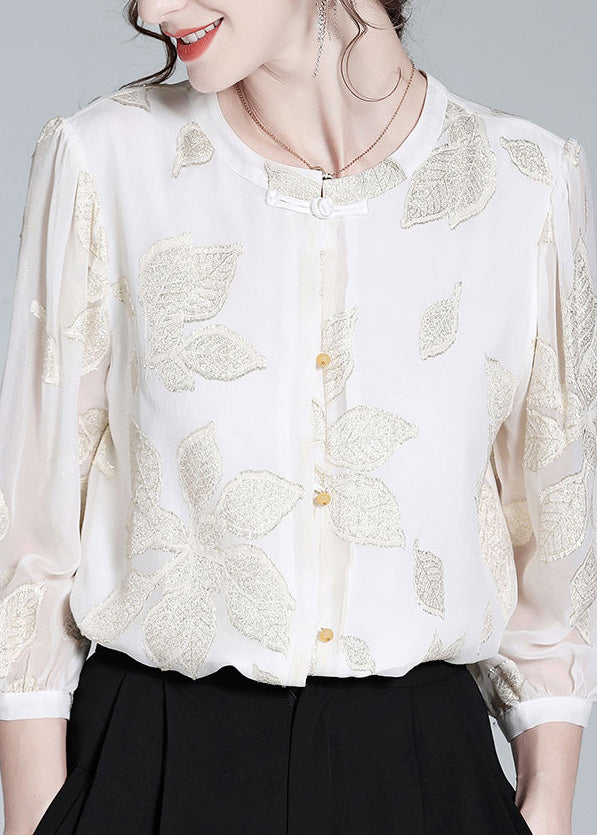 Fine White O-neck Embroideried Print Button Silk Top Spring
