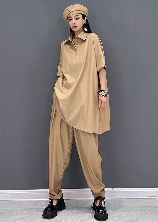 Khaki Peter Pan Collar Top and Pants Two Pieces Set Summer