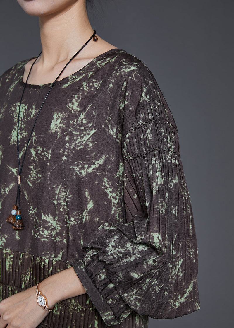 Brown Elastic Waist Print Cotton Long Dress Spring