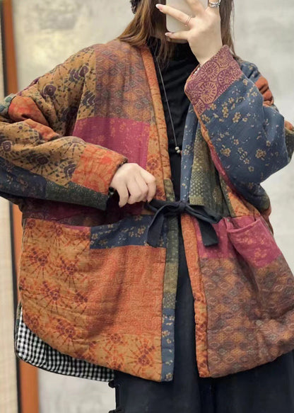 Orange V Neck Pockets Patchwork Fine Cotton Filled Jackets Winter