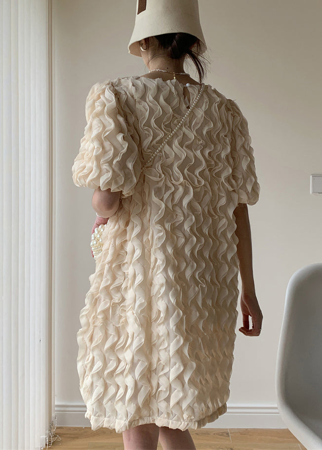 Apricot Patchwork Tulle Mid Dress Ruffled O-neck Puff Sleeve Summer