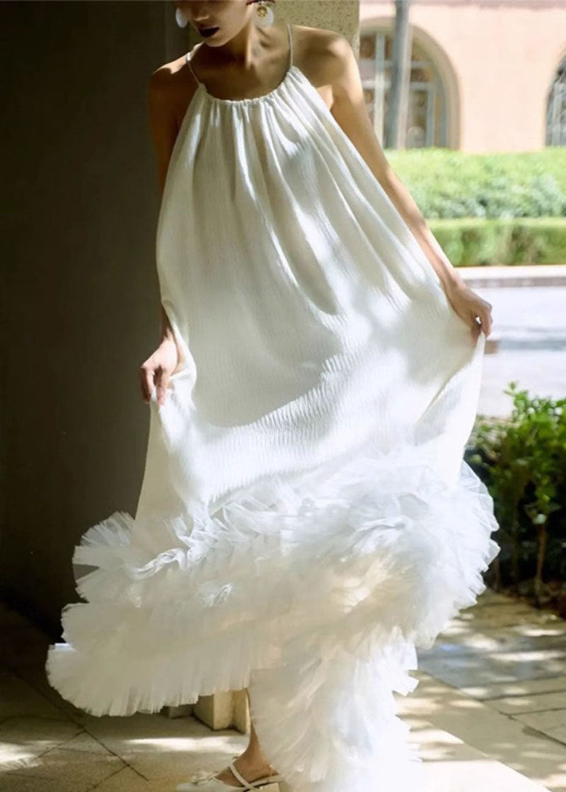 White Halter Tulle Patchwork Long Dresses Summer