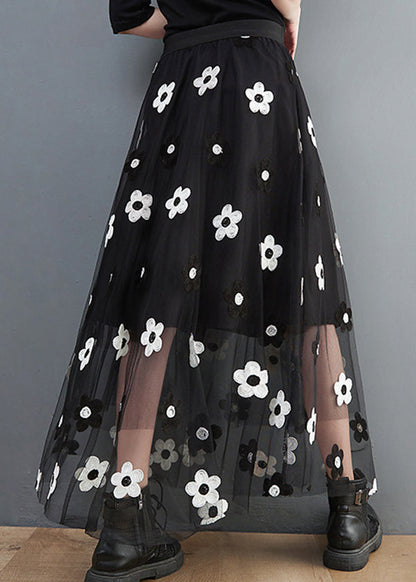 Black Elastic Waist Tulle a Line Skirt Spring