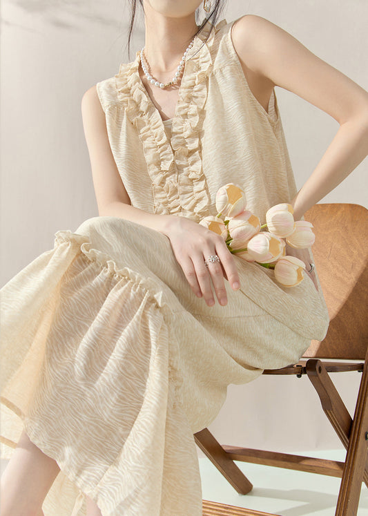 Loose Apricot Vest and Maxi Skirts Two-piece Set Sleeveless