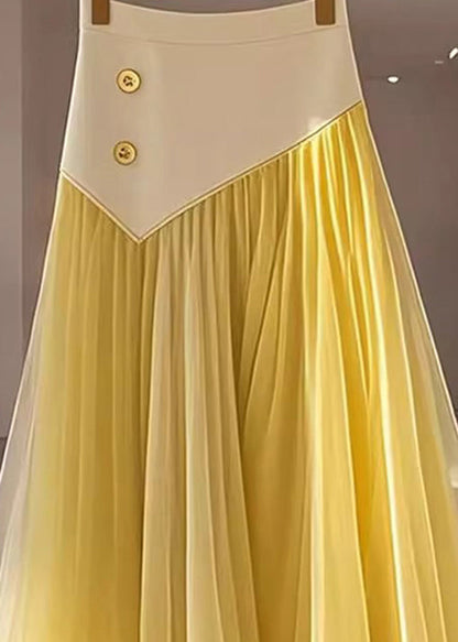 Yellow High Waist Wrinkled Patchwork Tulle Skirt Fall