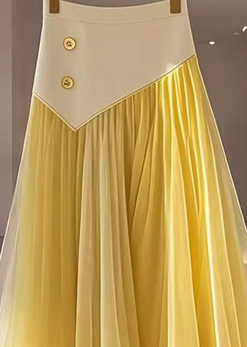 Yellow High Waist Wrinkled Patchwork Tulle Skirt Fall