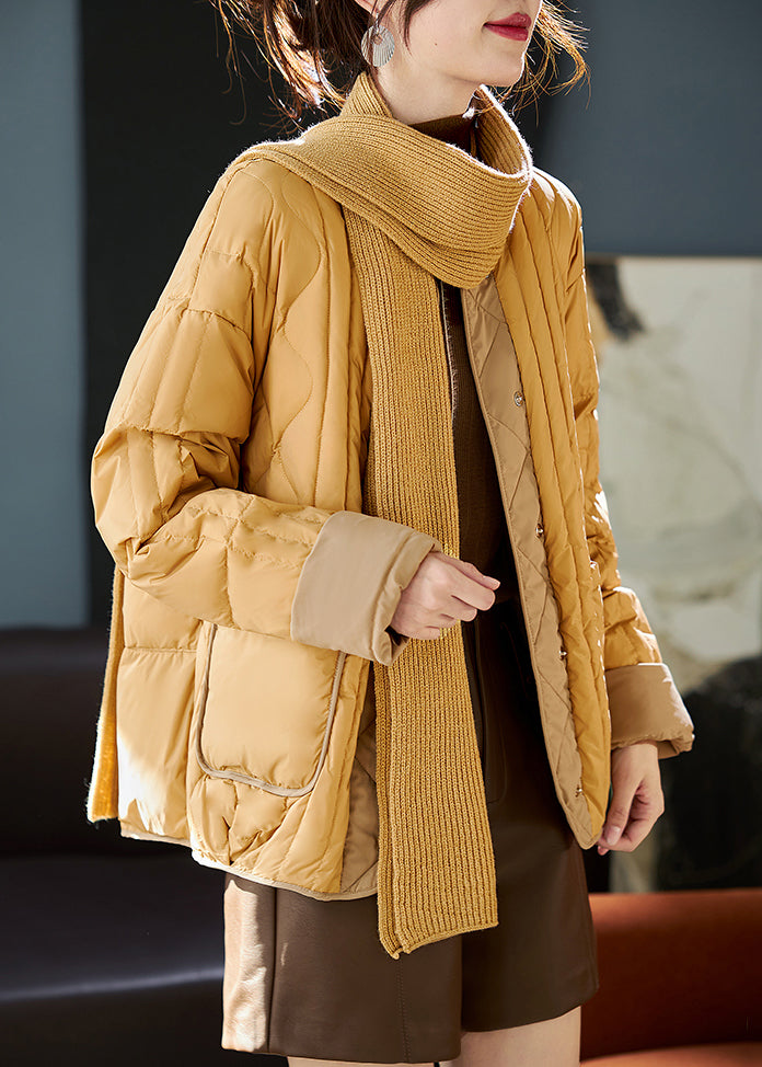 Boutique Yellow O-neck Patchwork Free Scarf Duck Down Puffer Jacket Winter