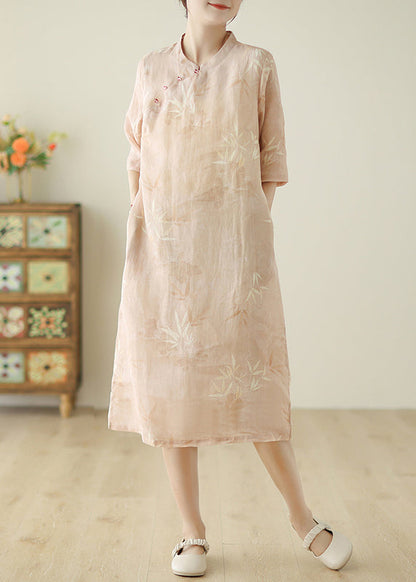 Pink Print Pockets Cotton Dress Half Sleeve