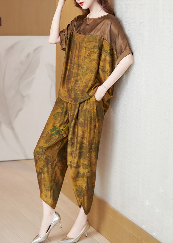 Boutique Khaki O-neck Oversized Patchwork Silk Sets 2 Pieces Summer