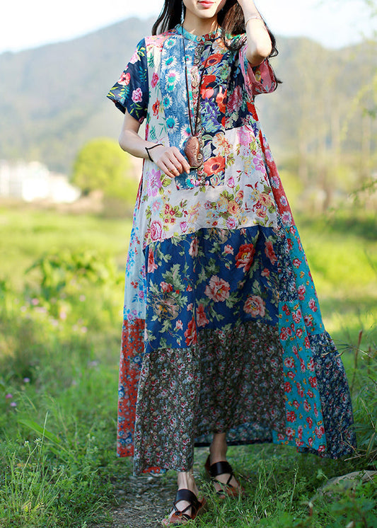 Original Design Stand Collar Print Patchwork Dress Short Sleeve