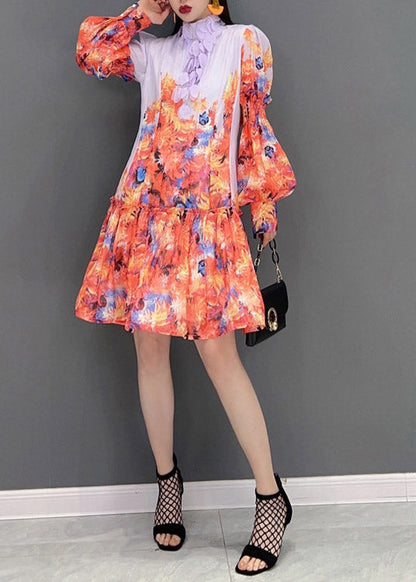 Print Stand Collar Patchwork Chiffon Dresses Lantern Sleeve