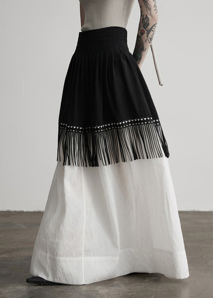 Stylish Colorblock Tasseled Patchwork Cotton Skirt Fall