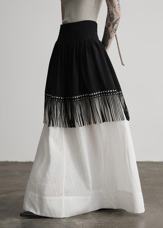 Stylish Colorblock Tasseled Patchwork Cotton Skirt Fall