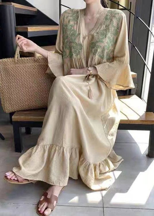 Apricot V Neck Embroideried Ruffled Tassel Tie Waist Long Dresses Flare Sleeve