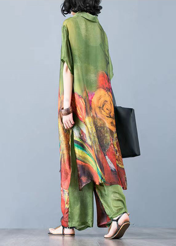 Italian Green Print Satin Shirt Dress and Pants Two Piece Set Short Sleeve