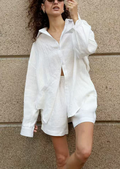 Loose White Button Elastic Waist Cotton Two Pieces Set Summer