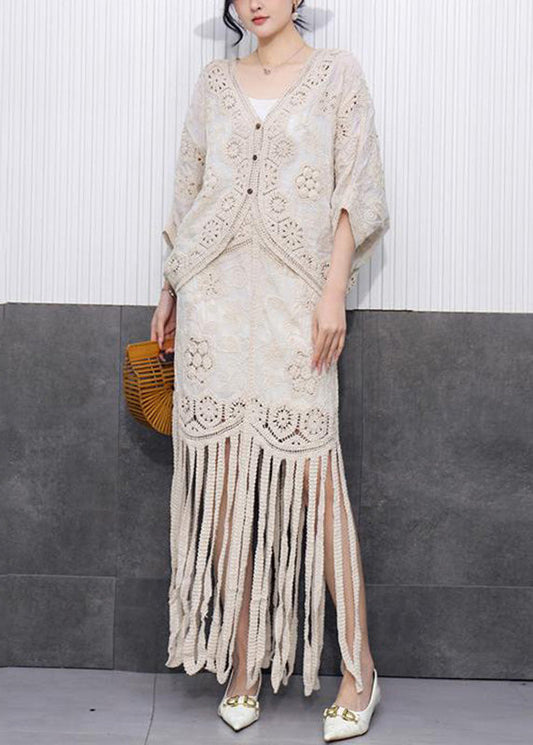 Beige Hollow Out Tassel Knit Cardigans and Maxi Skirts Two Pieces Set Fall