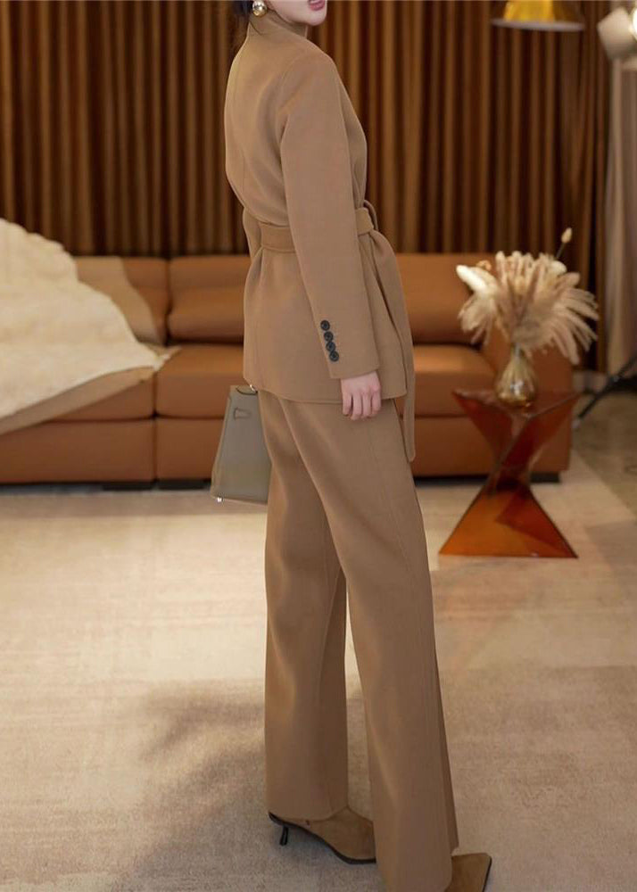 French Khaki V Neck Tie Waist Woolen Two-piece Set Winter