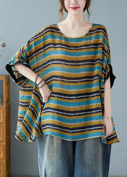 Italian Blue Asymmetric Striped Tee Batwing Sleeve