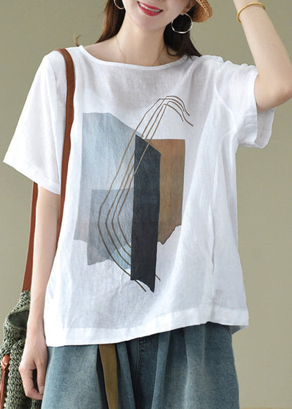 White O-neck Print Linen Blouse Tops Short Sleeve