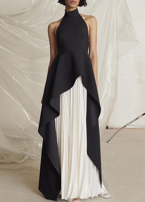 Black Turtleneck Asymmetrical Patchwork Maxi Vestidos Dresses Sleeveless Summer