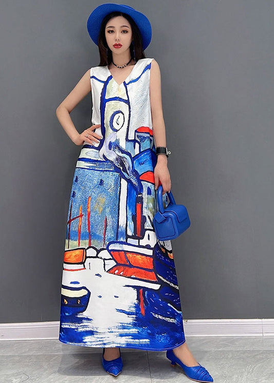 White V Neck Graphic Print Chiffon a Line Long Dress Sleeveless