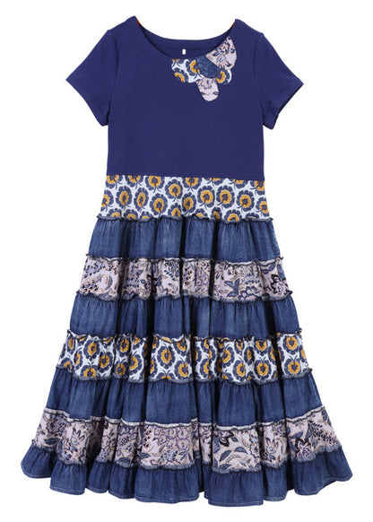Blue O-neck Cinched Patchwork Cotton Pleated Dresses Short Sleeve