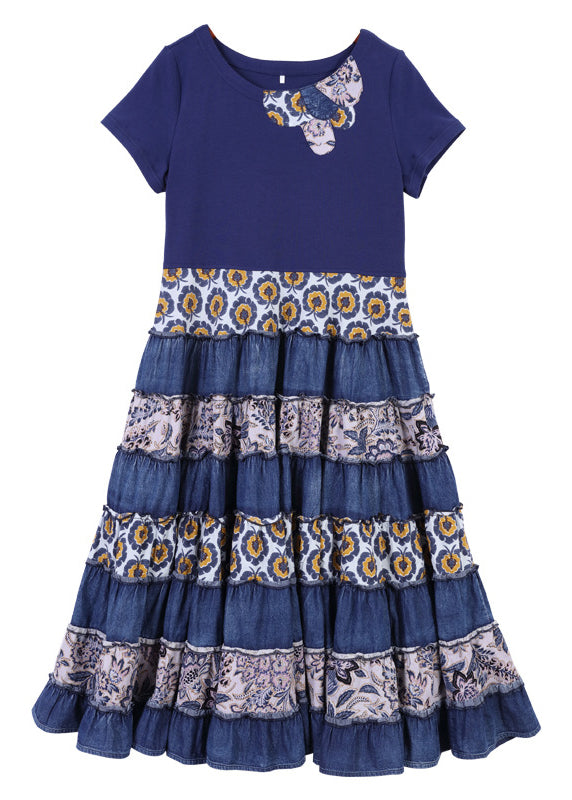 Blue O-neck Cinched Patchwork Cotton Pleated Dresses Short Sleeve