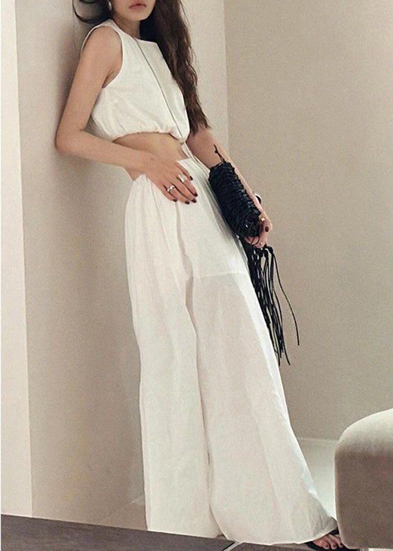 Brief White O-neck Vest and Side Open Maxi Skirts Two Piece Set Summer