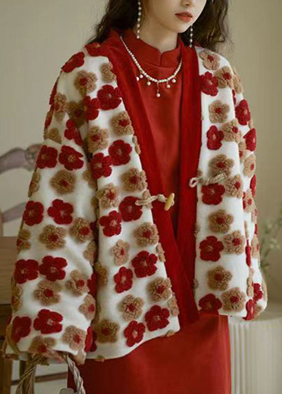 French Red V Neck Warm Coat Winter