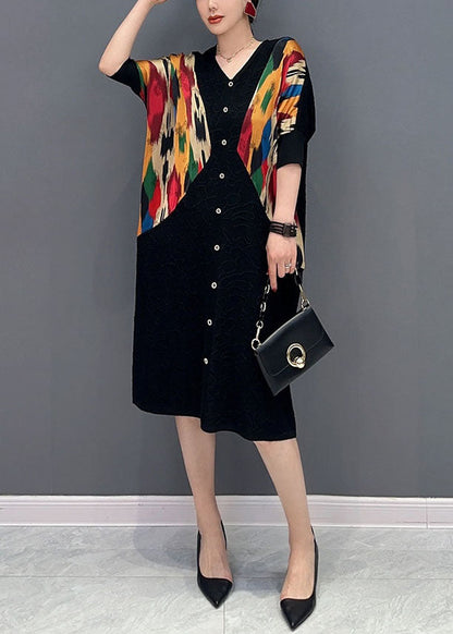 Black V Neck Patchwork Print Button Dress Spring