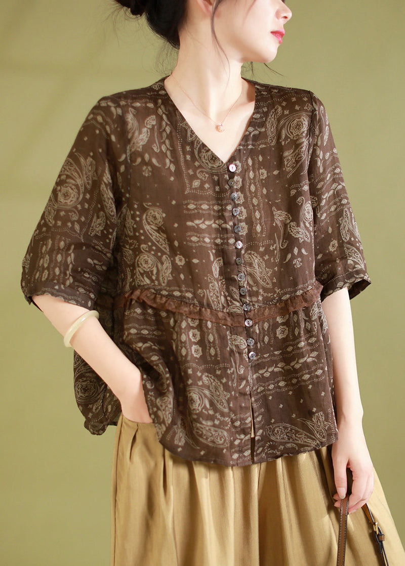 Coffee Print Ruffled Patchwork Linen Shirts Summer