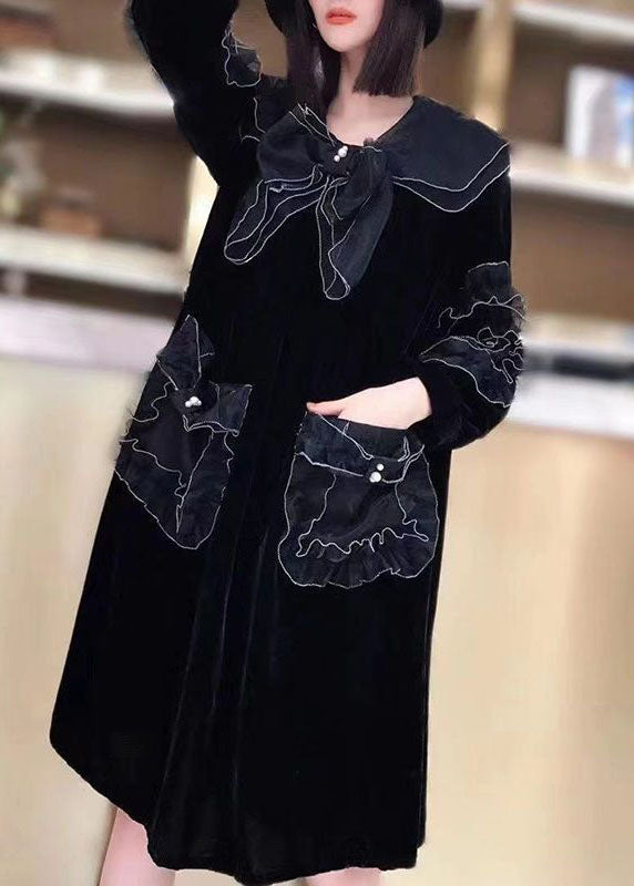 Unique Black Peter Pan Collar Organza Patchwork Silk Velour a Line Dresses Spring
