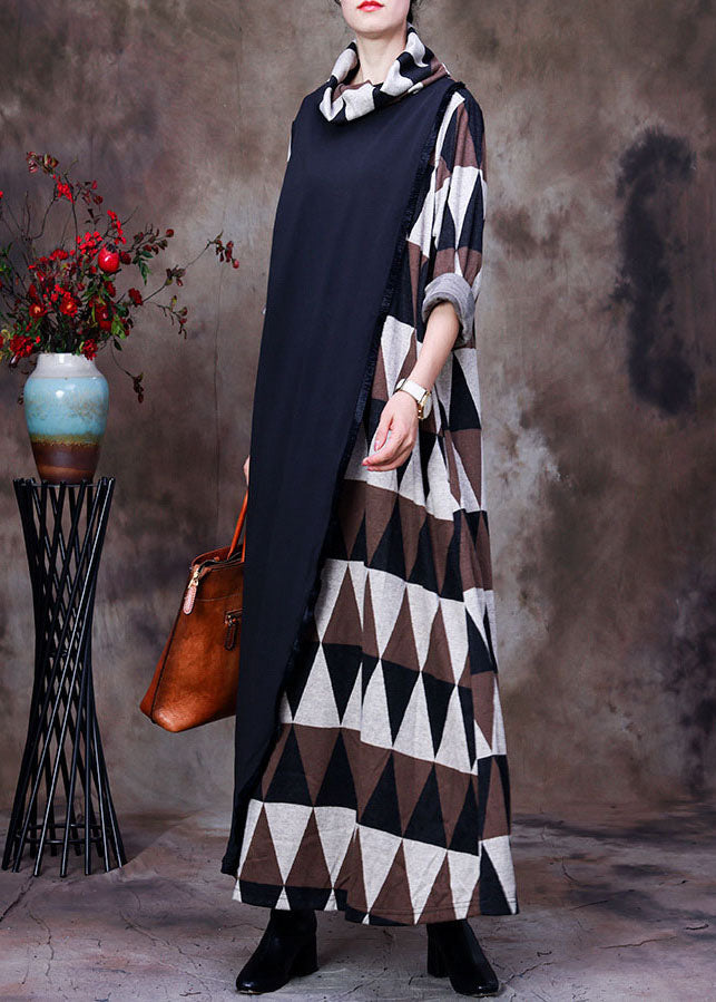 Turtleneck Plaid Patchwork Fall Long Sleeve Dress