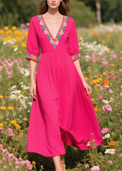 Rose V Neck Patchwork Cotton Ankle Dress Summer