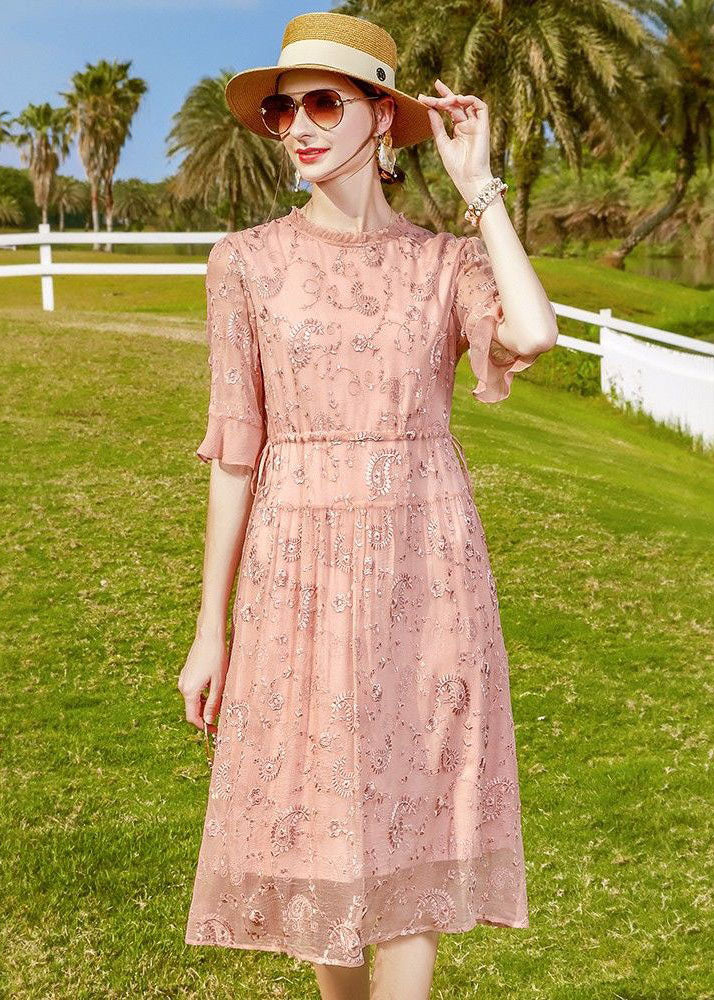 Pink Ruffled Embroideried Tie Waist Silk Cinch Dress Half Sleeve Summer