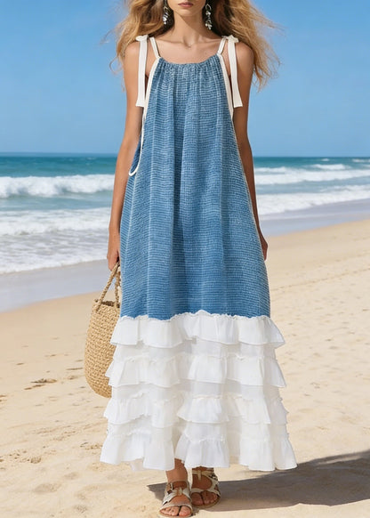 Blue Lace Up Ruffled Patchwork Cotton Spaghetti Strap Dress Sleeveless