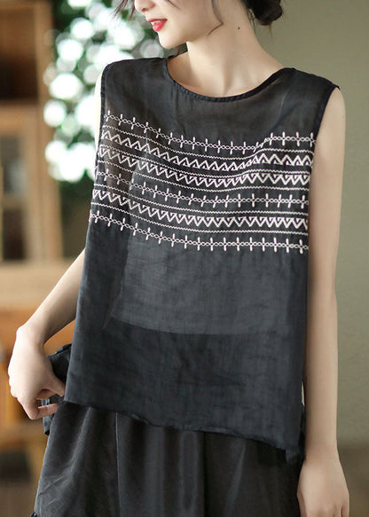 Black Embroideried Linen Tank Tops Sleeveless