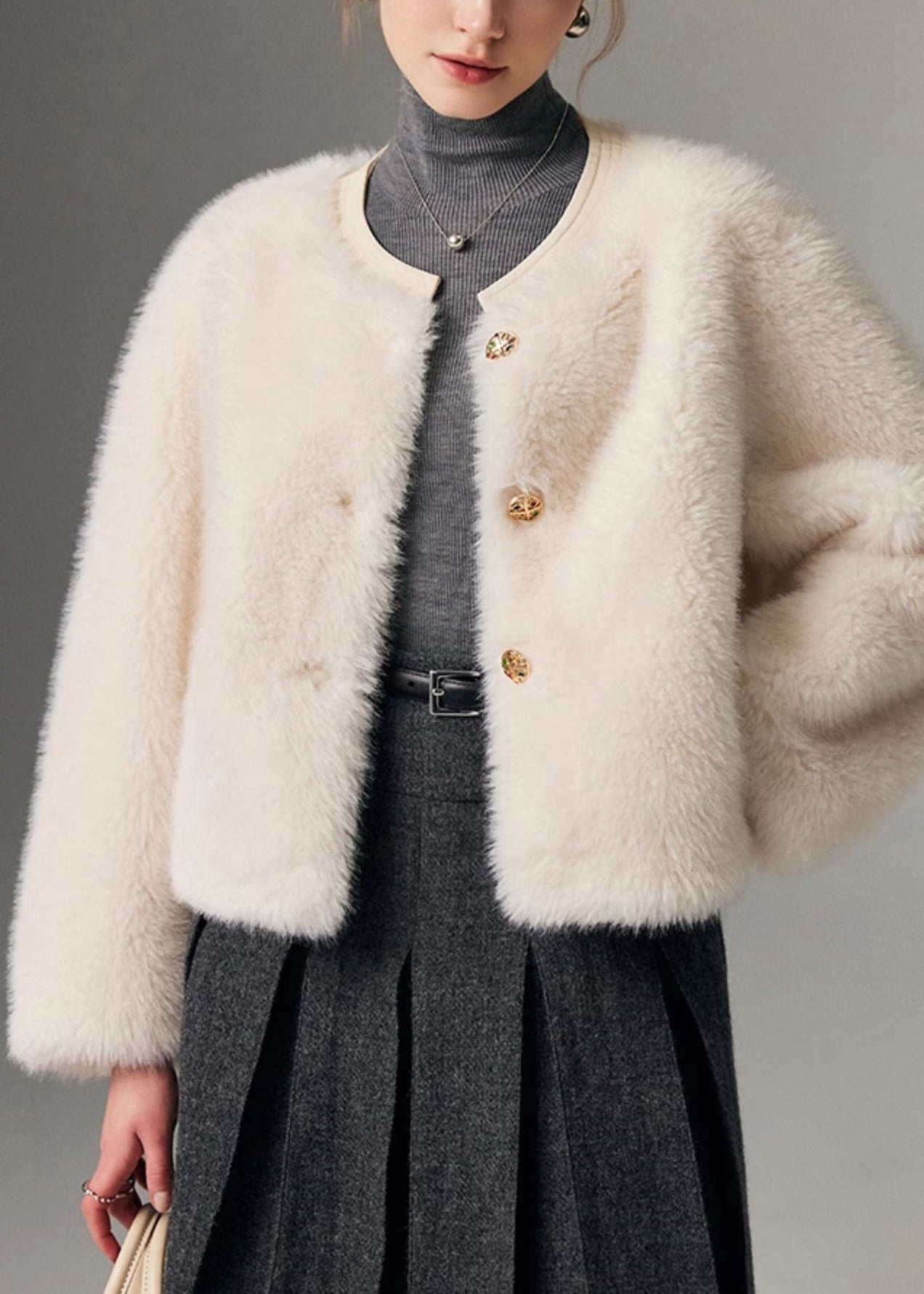 Fine White Original Design Button Leather and Fur Coat