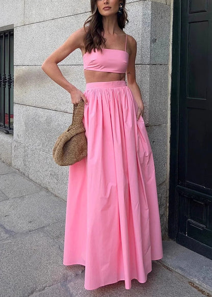 Fitted Pink Silm Fit Cotton Strapless Tops and Skirts Sets 2 Pieces Summer