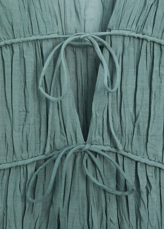 Blue V Neck Wrinkled Lace Up Cotton Long Dresses Summer