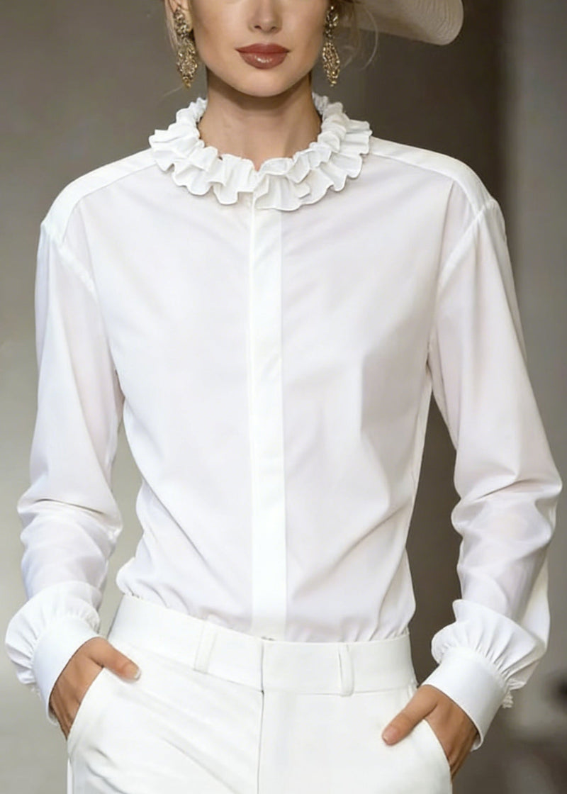 Stylish White Ruffled Button Cotton Shirt Tops Fall